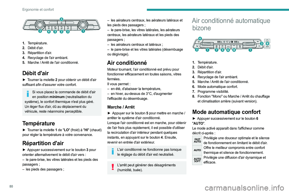 PEUGEOT EXPERT 2023 Manuel du propriétaire (in French) 80
Ergonomie et confort
1.Température.
2. Débit d'air.
3. Répartition d'air.
4. Recyclage de l'air ambiant.
5. Marche
/ Arrêt de l'air conditionné.
Débit d'air
► Tourne PEUGEOT EXPERT 2023 Manuel du propriétaire (in French) 80
Ergonomie et confort
1.Température.
2. Débit d'air.
3. Répartition d'air.
4. Recyclage de l'air ambiant.
5. Marche
/ Arrêt de l'air conditionné.
Débit d'air
â–º Tourne