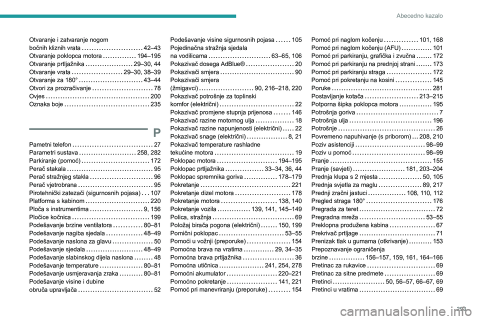 PEUGEOT EXPERT 2023 Upute Za Rukovanje (in Croatian) 293
Abecedno kazalo
Otvaranje i zatvaranje nogom
bočnih kliznih vrata
42–43
Otvaranje poklopca motora
194–195
Otvaranje prtljažnika
29–30, 44
Otvaranje vrata
29–30, 38 PEUGEOT EXPERT 2023 Upute Za Rukovanje (in Croatian) 293
Abecedno kazalo
Otvaranje i zatvaranje nogom
bočnih kliznih vrata
42–43
Otvaranje poklopca motora
194–195
Otvaranje prtljažnika
29–30, 44
Otvaranje vrata
29–30, 38