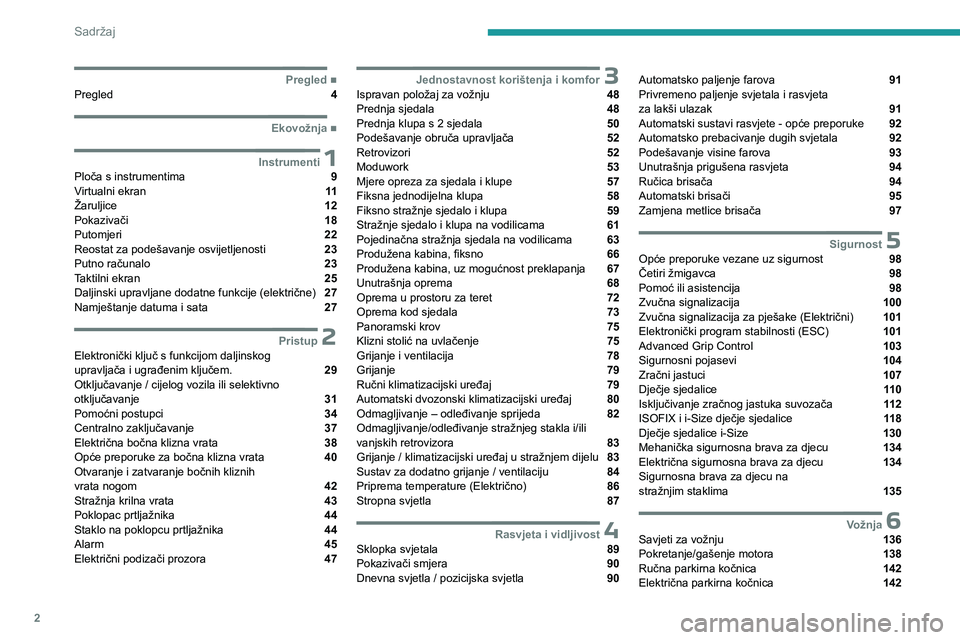PEUGEOT EXPERT 2023  Upute Za Rukovanje (in Croatian) 2
Sadržaj
  ■
PregledPregled  4
  ■
Ekovožnja
 1InstrumentiPloča s instrumentima  9
Virtualni ekran  11
Žaruljice  12
Pokazivači  18
Putomjeri  22
Reostat za podešavanje osvijetljenost