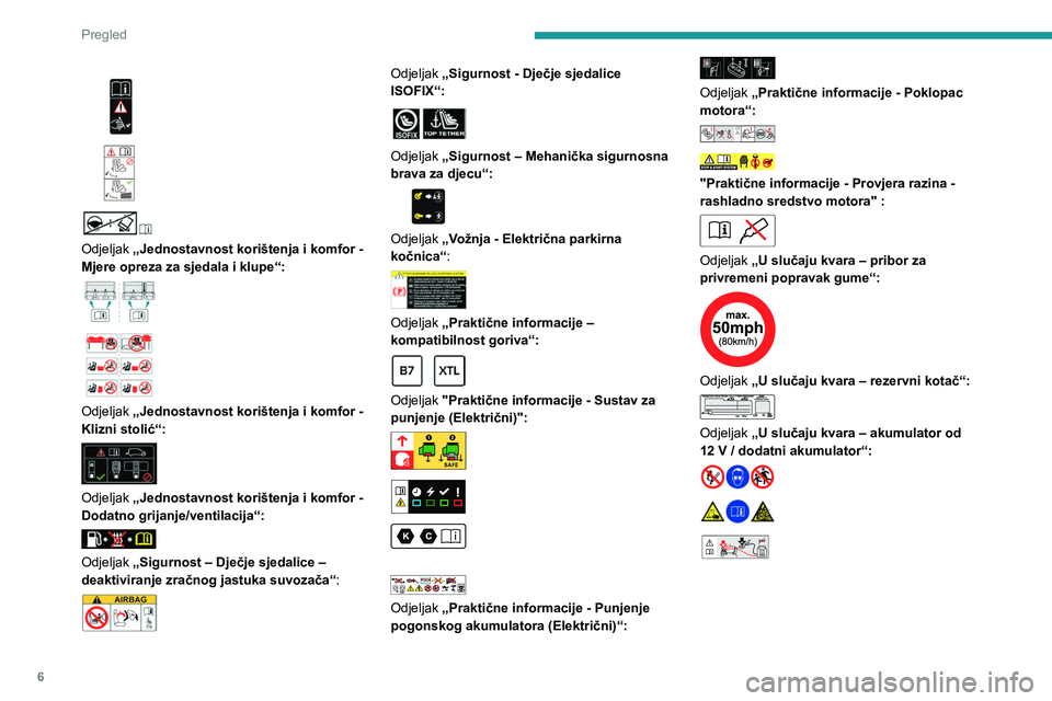 PEUGEOT EXPERT 2023  Upute Za Rukovanje (in Croatian) 6
Pregled
 
 
 
 
 
 
Odjeljak  „Jednostavnost korištenja i komfor - 
Mjere opreza za sjedala i klupe“:
 
 
 
 
Odjeljak  „Jednostavnost korištenja i komfor - 
Klizni stolić“:
 
 
Odjeljak 