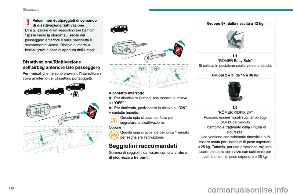 PEUGEOT EXPERT 2023  Manuale duso (in Italian) 11 8
Sicurezza
Veicoli non equipaggiati di comando 
di disattivazione/riattivazione
L'installazione di un seggiolino per bambini 
"spalle verso la strada" sul sedile del 
passeggero anteri