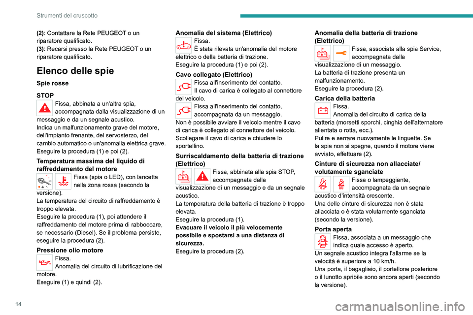 PEUGEOT EXPERT 2023 Manuale duso (in Italian) 14
Strumenti del cruscotto
(2): Contattare la Rete PEUGEOT o un
riparatore qualificato.
(3): Recarsi presso la Rete PEUGEOT o un
riparatore qualificato.
Elenco delle spie
Spie rosse
STOP
Fissa, abbi PEUGEOT EXPERT 2023 Manuale duso (in Italian) 14
Strumenti del cruscotto
(2): Contattare la Rete PEUGEOT o un
riparatore qualificato.
(3): Recarsi presso la Rete PEUGEOT o un
riparatore qualificato.
Elenco delle spie
Spie rosse
STOP
Fissa, abbi
