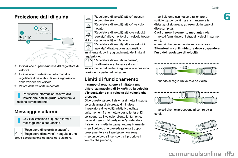 PEUGEOT EXPERT 2023 Manuale duso (in Italian) 171
Guida
6Proiezione dati di guida
7.Indicazione di pausa/ripresa del regolatore di
velocità.
8. Indicazione di selezione della modalità
regolatore di velocità o fase di regolazione
della veloc PEUGEOT EXPERT 2023 Manuale duso (in Italian) 171
Guida
6Proiezione dati di guida
7.Indicazione di pausa/ripresa del regolatore di
velocità.
8. Indicazione di selezione della modalità
regolatore di velocità o fase di regolazione
della veloc