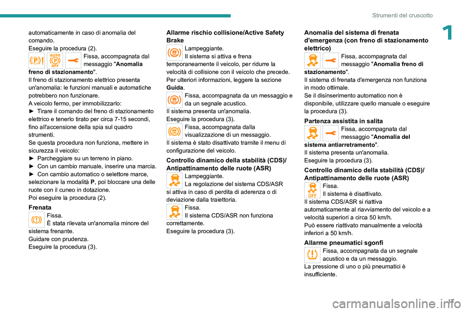 PEUGEOT EXPERT 2023 Manuale duso (in Italian) 17
Strumenti del cruscotto
1automaticamente in caso di anomalia del
comando.
Eseguire la procedura (2).
Fissa, accompagnata dal
messaggio "Anomalia
freno di stazionamento ".
Il freno di sta PEUGEOT EXPERT 2023 Manuale duso (in Italian) 17
Strumenti del cruscotto
1automaticamente in caso di anomalia del
comando.
Eseguire la procedura (2).
Fissa, accompagnata dal
messaggio "Anomalia
freno di stazionamento ".
Il freno di sta