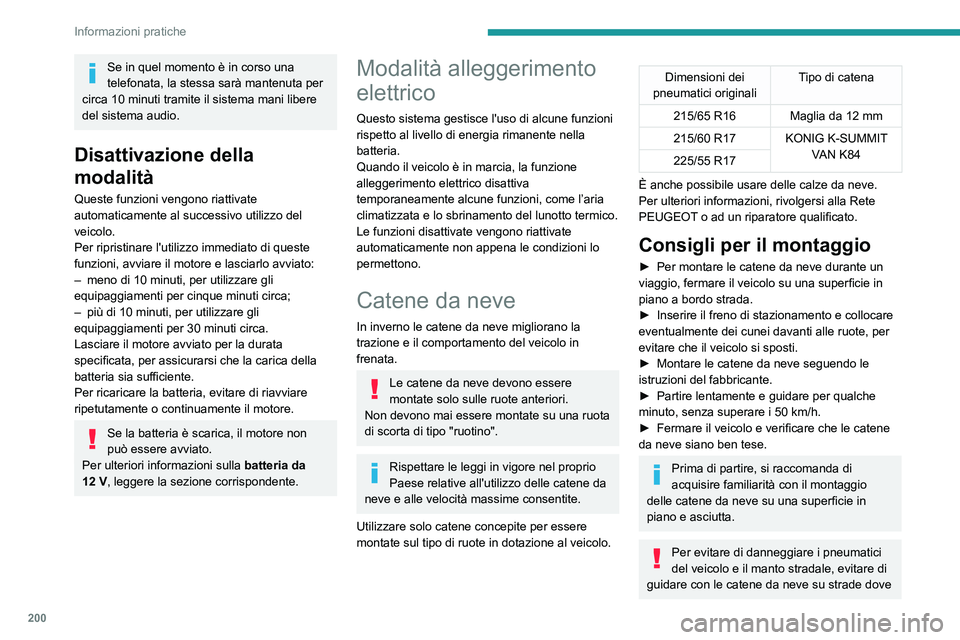 PEUGEOT EXPERT 2023  Manuale duso (in Italian) 200
Informazioni pratiche
Se in quel momento è in corso una 
telefonata, la stessa   sarà mantenuta   per 
circa 10 minuti tramite il sistema mani
  libere 
del sistema audio.
Disattivazione della 
