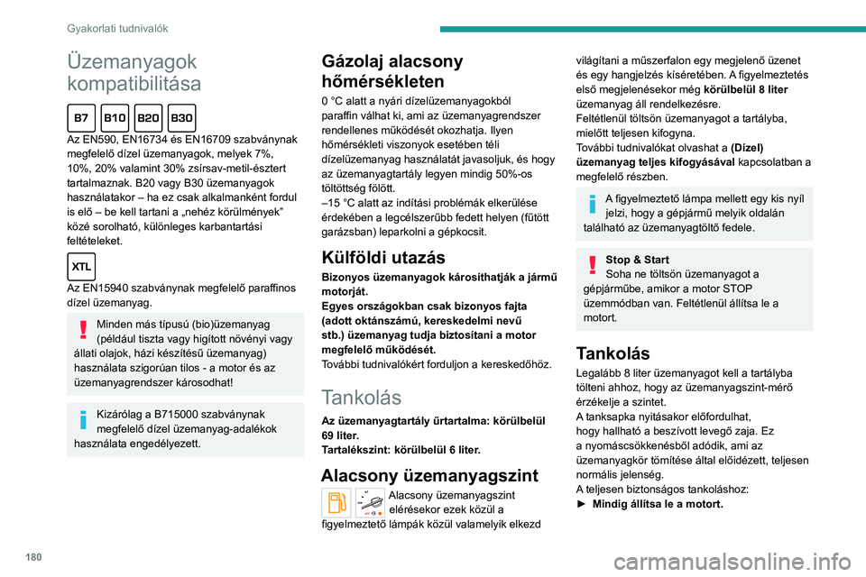 PEUGEOT EXPERT 2023 Kezelési útmutató (in Hungarian) 180
Gyakorlati tudnivalók
Üzemanyagok
kompatibilitása
Az EN590, EN16734 és EN16709 szabványnak
megfelelő dízel üzemanyagok, melyek 7%,
10%, 20% valamint 30% zsírsav-metil-észtert
tart PEUGEOT EXPERT 2023 Kezelési útmutató (in Hungarian) 180
Gyakorlati tudnivalók
Üzemanyagok
kompatibilitása
Az EN590, EN16734 és EN16709 szabványnak
megfelelő dízel üzemanyagok, melyek 7%,
10%, 20% valamint 30% zsírsav-metil-észtert
tart