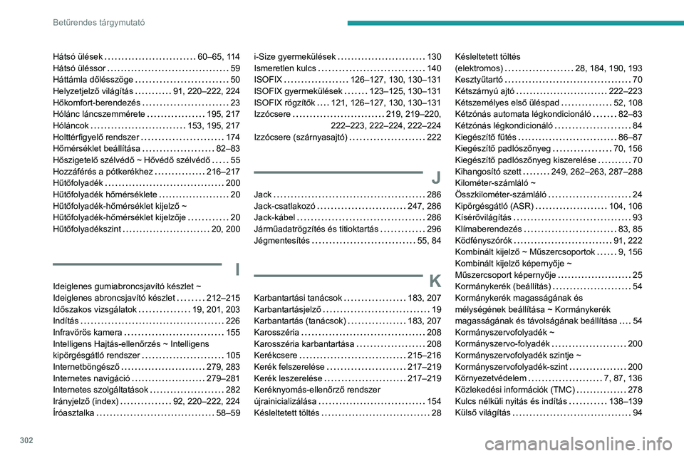 PEUGEOT EXPERT 2023 Kezelési útmutató (in Hungarian) 302
Betűrendes tárgymutató
Hátsó ülések 60–65, 114
Hátsó üléssor
59
Háttámla dőlésszöge
50
Helyzetjelző világítás
91, 220–222, 224
Hőkomfort-berendezés
PEUGEOT EXPERT 2023 Kezelési útmutató (in Hungarian) 302
Betűrendes tárgymutató
Hátsó ülések 60–65, 114
Hátsó üléssor
59
Háttámla dőlésszöge
50
Helyzetjelző világítás
91, 220–222, 224
Hőkomfort-berendezés