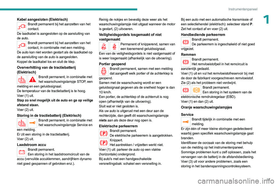 PEUGEOT EXPERT 2023 Instructieboekje (in Dutch) 13
Instrumentenpaneel
1Kabel aangesloten (Elektrisch)Brandt permanent bij het aanzetten van het contact.
De laadkabel is aangesloten op de aansluiting van
de auto.
Brandt permanent bij het aanzetten PEUGEOT EXPERT 2023 Instructieboekje (in Dutch) 13
Instrumentenpaneel
1Kabel aangesloten (Elektrisch)Brandt permanent bij het aanzetten van het contact.
De laadkabel is aangesloten op de aansluiting van
de auto.
Brandt permanent bij het aanzetten