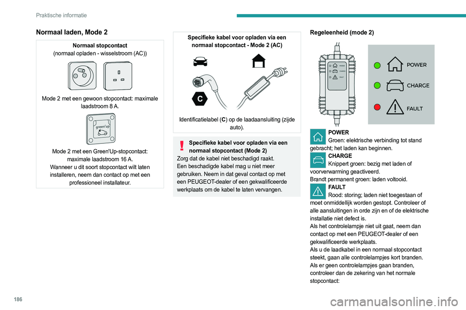 PEUGEOT EXPERT 2023  Instructieboekje (in Dutch) 186
Praktische informatie
Normaal laden, Mode 2
Normaal stopcontact
(normaal opladen - wisselstroom (AC))
 
 
Mode 2 met een gewoon stopcontact: maximale  laadstroom  8 A.
 
 
Mode 2 met een Green'