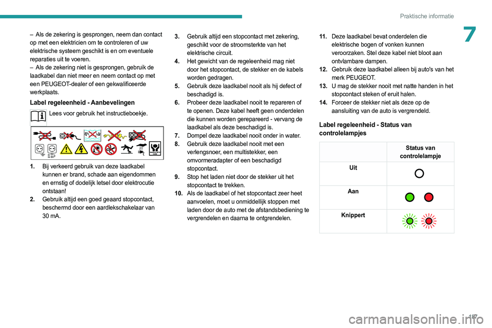 PEUGEOT EXPERT 2023  Instructieboekje (in Dutch) 187
Praktische informatie
7– Als de zekering is gesprongen, neem dan contact 
op met een elektricien om te controleren of uw 
elektrische systeem geschikt is en om eventuele 
reparaties uit te voere