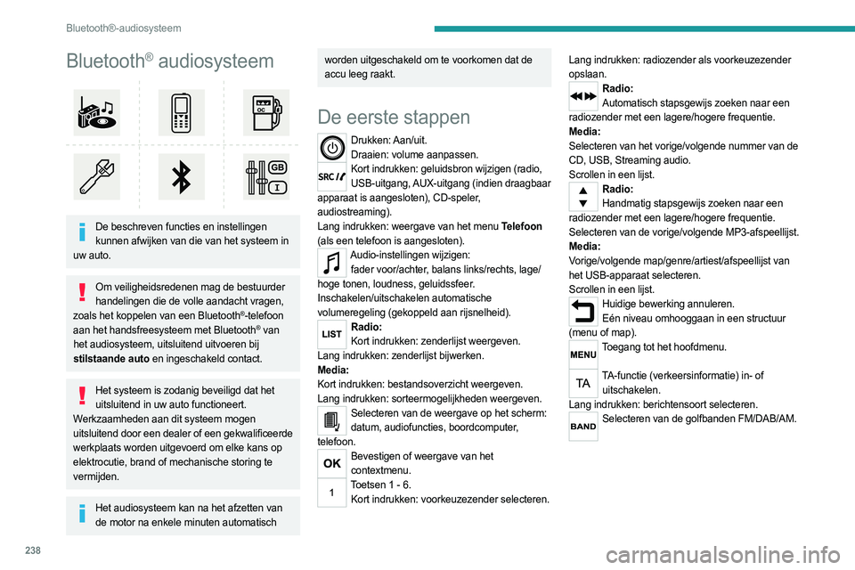 PEUGEOT EXPERT 2023  Instructieboekje (in Dutch) 238
Bluetooth®-audiosysteem
Bluetooth® audiosysteem 
 
De beschreven functies en instellingen kunnen afwijken van die van het systeem in 
uw auto.
Om veiligheidsredenen mag de bestuurder  handelinge