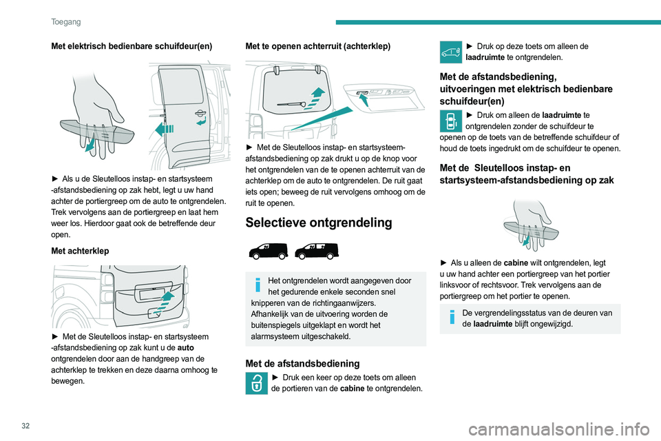 PEUGEOT EXPERT 2023  Instructieboekje (in Dutch) 32
Toegang 
Met elektrisch bedienbare schuifdeur(en)
 
 
► Als u de Sleutelloos instap- en startsysteem 
-afstandsbediening op zak hebt, legt u uw hand 
achter de portiergreep om de auto te ontgrend