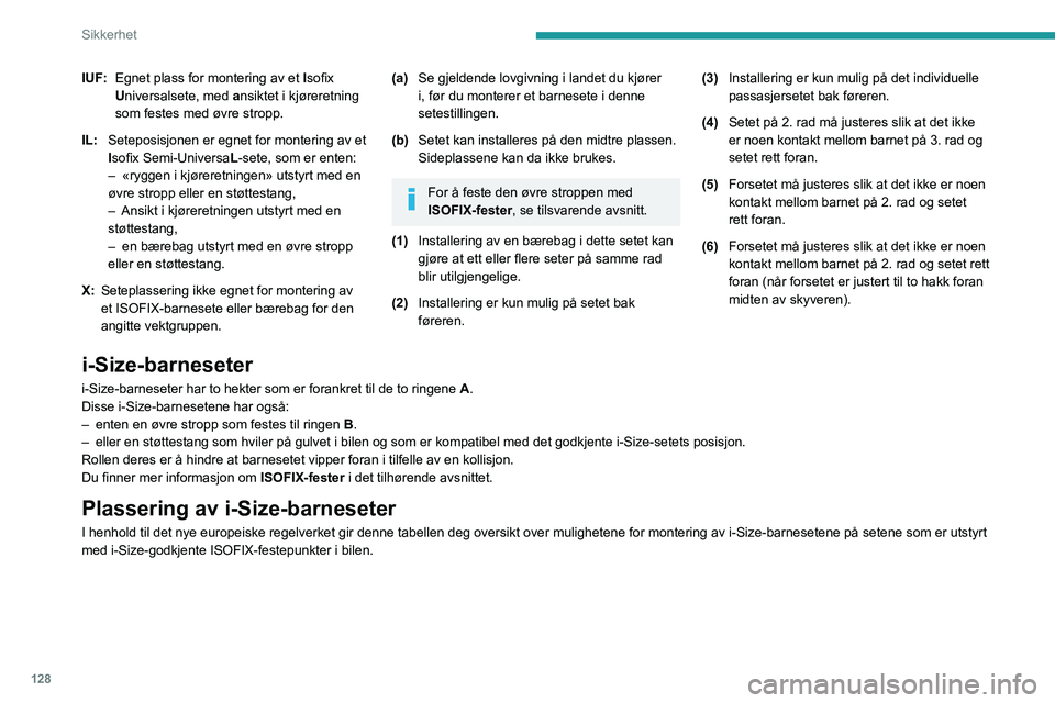 PEUGEOT EXPERT 2023 Instruksjoner for bruk (in Norwegian) 128
Sikkerhet
IUF:Egnet plass for montering av et Isofix
Universalsete, med ansiktet i kjøreretning
som festes med øvre stropp.
IL: Seteposisjonen er egnet for montering av et
Isofix Semi-Unive PEUGEOT EXPERT 2023 Instruksjoner for bruk (in Norwegian) 128
Sikkerhet
IUF:Egnet plass for montering av et Isofix
Universalsete, med ansiktet i kjøreretning
som festes med øvre stropp.
IL: Seteposisjonen er egnet for montering av et
Isofix Semi-Unive