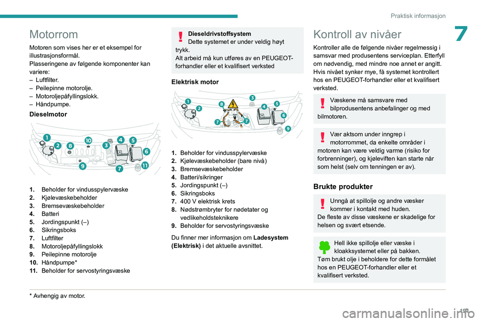 PEUGEOT EXPERT 2023 Instruksjoner for bruk (in Norwegian) 191
Praktisk informasjon
7Motorrom
Motoren som vises her er et eksempel for
illustrasjonsformål.
Plasseringene av følgende komponenter kan
variere:
–
Luftfilter
.
–
Peilepinne motorolje.
â PEUGEOT EXPERT 2023 Instruksjoner for bruk (in Norwegian) 191
Praktisk informasjon
7Motorrom
Motoren som vises her er et eksempel for
illustrasjonsformål.
Plasseringene av følgende komponenter kan
variere:
–
Luftfilter
.
–
Peilepinne motorolje.
â
