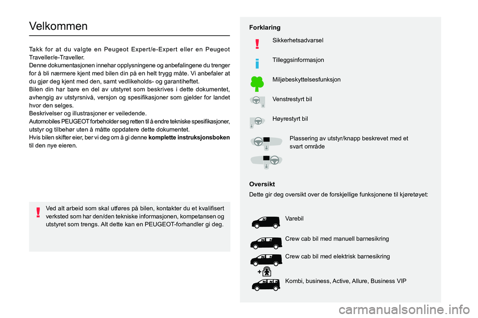 PEUGEOT EXPERT 2023  Instruksjoner for bruk (in Norwegian)   
 
 
 
 
 
  
  
  
  
   
   
 
  
 
  
 
  
 
   
Velkommen
Takk for at du valgte en Peugeot Expert/e-Expert eller en Peugeot 
Traveller/e-Traveller.
Denne dokumentasjonen innehar opplysningene og