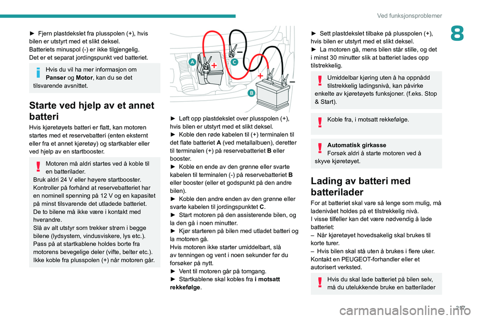 PEUGEOT EXPERT 2023  Instruksjoner for bruk (in Norwegian) 217
Ved funksjonsproblemer
8► Fjern plastdekslet fra plusspolen (+), hvis 
bilen er utstyrt med et slikt deksel.
Batteriets minuspol (-) er ikke tilgjengelig.
Det er et separat jordingspunkt ved bat