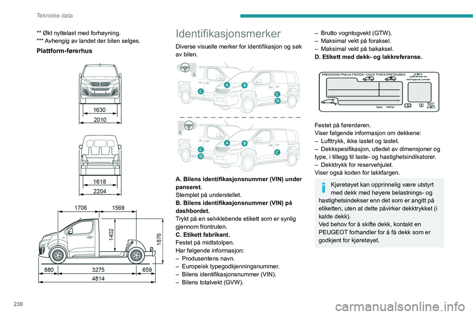 PEUGEOT EXPERT 2023  Instruksjoner for bruk (in Norwegian) 230
Tekniske data
** Økt nyttelast med forhøyning.
*** Avhengig av landet der bilen selges.
Plattform-førerhus 
 
 
 
 
 
Identifikasjonsmerker
Diverse visuelle merker for identifikasjon og søk 
a