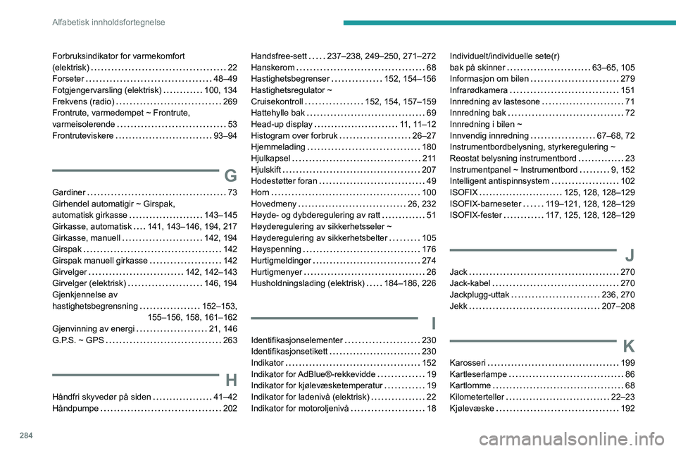 PEUGEOT EXPERT 2023  Instruksjoner for bruk (in Norwegian) 284
Alfabetisk innholdsfortegnelse
Forbruksindikator for varmekomfort  
(elektrisk)    
22
Forseter
    
48–49
Fotgjengervarsling (elektrisk)
    
100, 134
Frekvens (radio)
    
269
Frontrute, varme