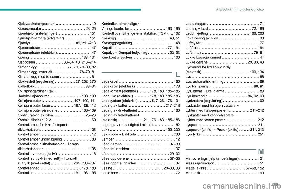 PEUGEOT EXPERT 2023  Instruksjoner for bruk (in Norwegian) 285
Alfabetisk innholdsfortegnelse
Kjølevæsketemperatur     19
Kjørecomputer     
23–25
Kjørehjelp (anbefalinger)
    
151
Kjørehjelpkamera (advarsler)
    
151
Kjørelys
    
89, 211–213
Kj