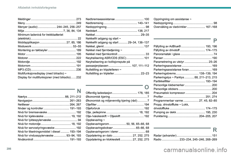 PEUGEOT EXPERT 2023  Instruksjoner for bruk (in Norwegian) 286
Alfabetisk innholdsfortegnelse
Meldinger     273
Meny     
249
Menyer (audio)
    
244–245, 256–257
Miljø
    
7, 36, 84, 134
Minimum ladenivå for trekkbatteriet  
(elektrisk)
    
22
Mobila