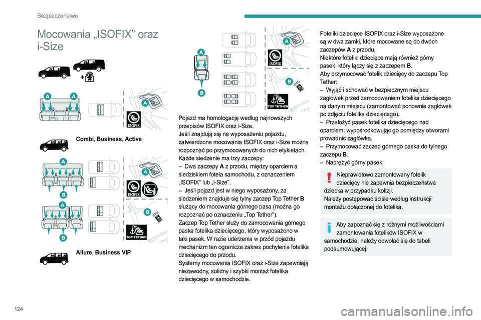 PEUGEOT EXPERT 2023  Instrukcja obsługi (in Polish) 124
Bezpieczeństwo
Mocowania „ISOFIX” oraz 
i-Size
 
 
 
 
Combi, Business, Active
 
 
Allure, Business VIP
 
 
Pojazd ma homologację według najnowszych 
przepisów ISOFIX oraz i-Size.
Jeśli z