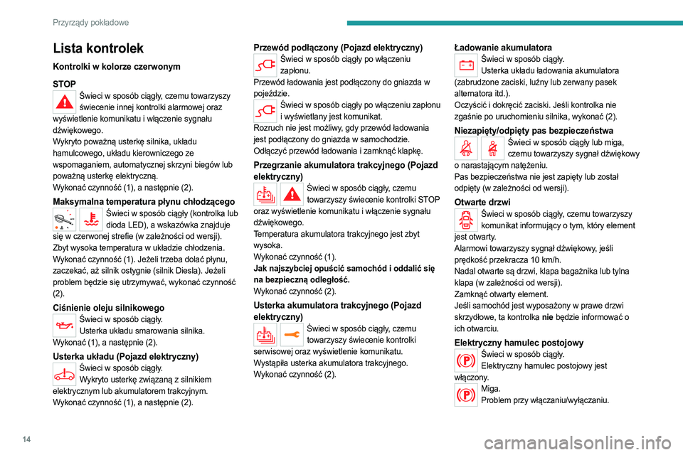 PEUGEOT EXPERT 2023 Instrukcja obsługi (in Polish) 14
Przyrządy pokładowe
Lista kontrolek
Kontrolki w kolorze czerwonym
STOP
Świeci w sposób ciągły, czemu towarzyszy świecenie innej kontrolki alarmowej oraz
wyświetlenie komunikatu i włączen PEUGEOT EXPERT 2023 Instrukcja obsługi (in Polish) 14
Przyrządy pokładowe
Lista kontrolek
Kontrolki w kolorze czerwonym
STOP
Świeci w sposób ciągły, czemu towarzyszy świecenie innej kontrolki alarmowej oraz
wyświetlenie komunikatu i włączen