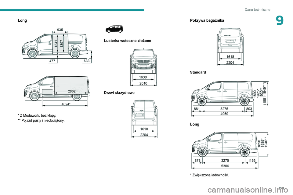 PEUGEOT EXPERT 2023  Instrukcja obsługi (in Polish) 241
Dane techniczne
9Long 
 
 
 
* Z Moduwork, bez klapy.
** Pojazd pusty i nieobciążony.
 
 
Lusterka wsteczne złożone 
 
Drzwi skrzydłowe 
 
Pokrywa bagażnika 
 
Standard  
 
Long 
 
* Zwięks