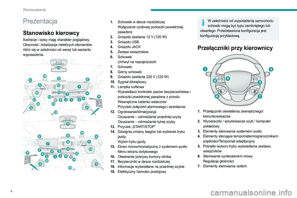 PEUGEOT EXPERT 2023  Instrukcja obsługi (in Polish) 4
Wprowadzenie
Prezentacja
Stanowisko kierowcy
Ilustracje i opisy mają charakter poglądowy. 
Obecność i lokalizacja niektórych elementów 
różni się w zależności od wersji lub wariantu 
wypo