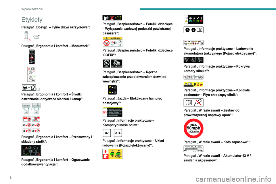 PEUGEOT EXPERT 2023  Instrukcja obsługi (in Polish) 6
Wprowadzenie
Etykiety
Paragraf „Dostęp  – Tylne drzwi skrzydłowe”: 
 
Paragraf „Ergonomia i komfort – Moduwork”: 
 
 
 
 
 
Paragraf „Ergonomia i komfort – Środki 
ostrożności d