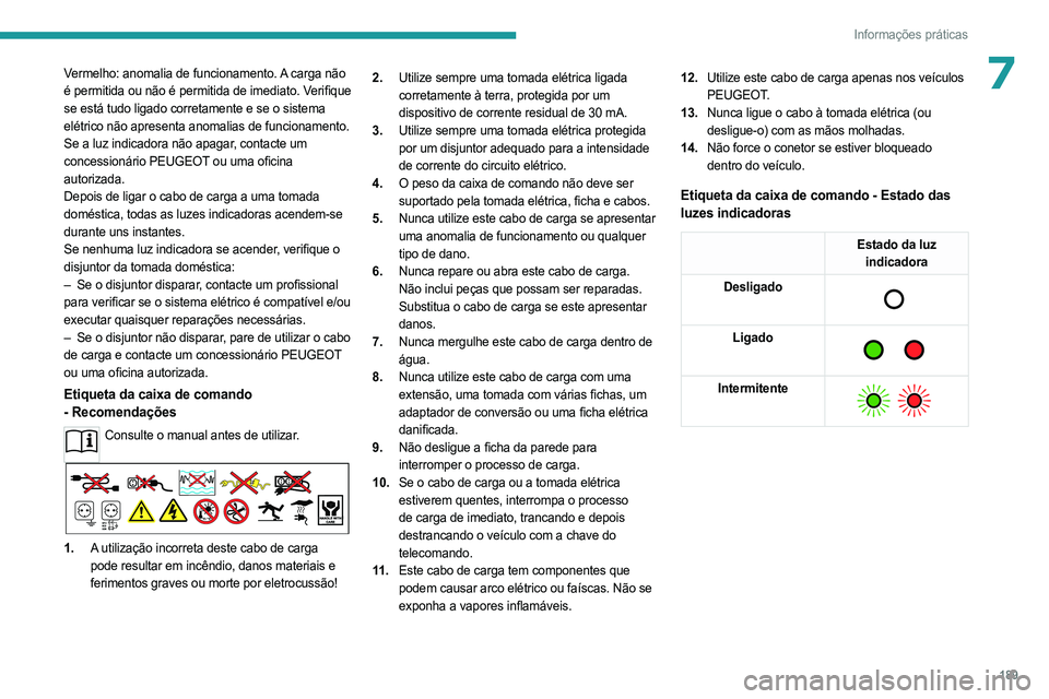 PEUGEOT EXPERT 2023 Manual de utilização (in Portuguese) 189
Informações práticas
7Vermelho: anomalia de funcionamento. A carga não
é permitida ou não é permitida de imediato. Verifique
se está tudo ligado corretamente e se o sistema
elétrico nà PEUGEOT EXPERT 2023 Manual de utilização (in Portuguese) 189
Informações práticas
7Vermelho: anomalia de funcionamento. A carga não
é permitida ou não é permitida de imediato. Verifique
se está tudo ligado corretamente e se o sistema
elétrico nÃ