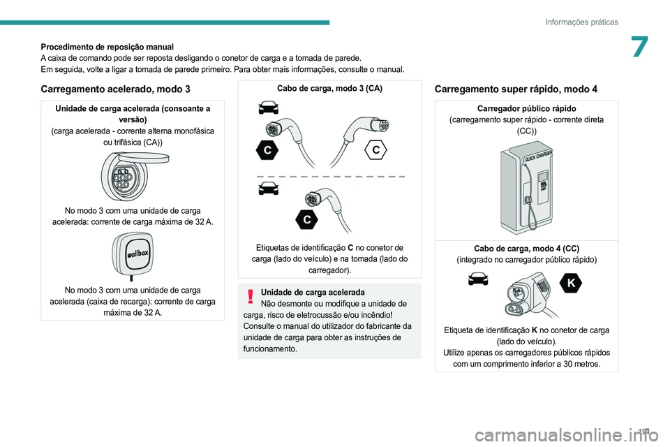 PEUGEOT EXPERT 2023 Manual de utilização (in Portuguese) 191
Informações práticas
7Procedimento de reposição manual
A caixa de comando pode ser reposta desligando o conetor de carga e a tomada de parede.
Em seguida, volte a ligar a tomada de parede pri PEUGEOT EXPERT 2023 Manual de utilização (in Portuguese) 191
Informações práticas
7Procedimento de reposição manual
A caixa de comando pode ser reposta desligando o conetor de carga e a tomada de parede.
Em seguida, volte a ligar a tomada de parede pri