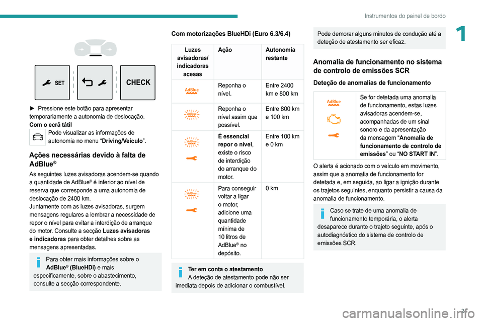 PEUGEOT EXPERT 2023 Manual de utilização (in Portuguese) 21
Instrumentos do painel de bordo
1
► Pressione este botão para apresentar
temporariamente a autonomia de deslocação.
Com o ecrã tátil
Pode visualizar as informações de autonomia n PEUGEOT EXPERT 2023 Manual de utilização (in Portuguese) 21
Instrumentos do painel de bordo
1
► Pressione este botão para apresentar
temporariamente a autonomia de deslocação.
Com o ecrã tátil
Pode visualizar as informações de autonomia n