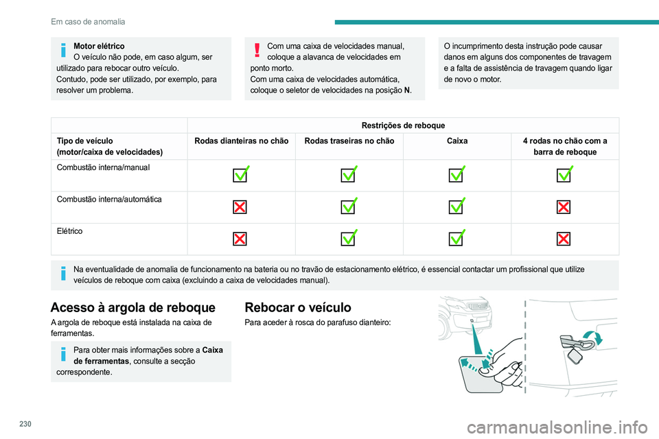 PEUGEOT EXPERT 2023 Manual de utilização (in Portuguese) 230
Em caso de anomalia
Motor elétricoO veículo não pode, em caso algum, ser
utilizado para rebocar outro veículo.
Contudo, pode ser utilizado, por exemplo, para
resolver um problema.Com uma cai PEUGEOT EXPERT 2023 Manual de utilização (in Portuguese) 230
Em caso de anomalia
Motor elétricoO veículo não pode, em caso algum, ser
utilizado para rebocar outro veículo.
Contudo, pode ser utilizado, por exemplo, para
resolver um problema.Com uma cai