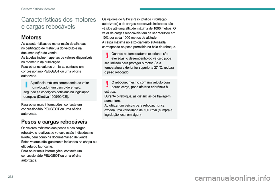 PEUGEOT EXPERT 2023 Manual de utilização (in Portuguese) 232
Características técnicas
Características dos motores
e cargas rebocáveis
Motores
As características do motor estão detalhadas
no certificado de matrícula do veículo e na
documentação PEUGEOT EXPERT 2023 Manual de utilização (in Portuguese) 232
Características técnicas
Características dos motores
e cargas rebocáveis
Motores
As características do motor estão detalhadas
no certificado de matrícula do veículo e na
documentação