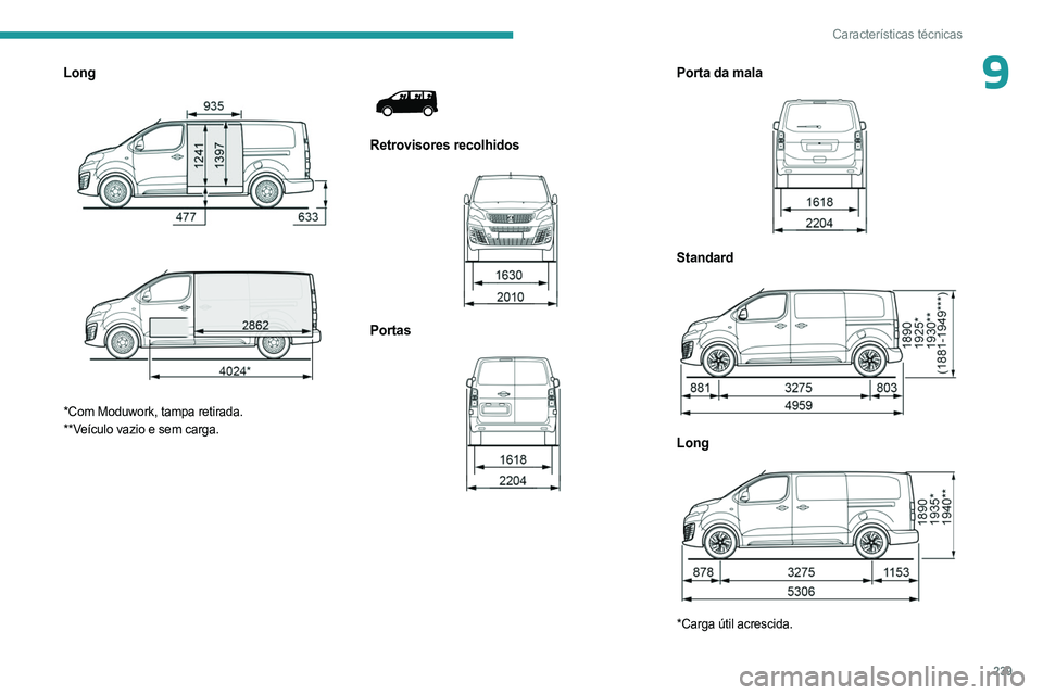PEUGEOT EXPERT 2023 Manual de utilização (in Portuguese) 239
Características técnicas
9Long
*Com Moduwork, tampa retirada.
**Veículo vazio e sem carga.
Retrovisores recolhidos
Portas
Porta da mala
Standard
Long
*Carga útil acr PEUGEOT EXPERT 2023 Manual de utilização (in Portuguese) 239
Características técnicas
9Long
*Com Moduwork, tampa retirada.
**Veículo vazio e sem carga.
Retrovisores recolhidos
Portas
Porta da mala
Standard
Long
*Carga útil acr