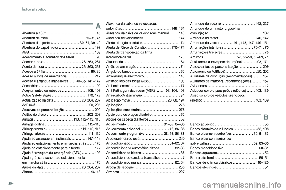 PEUGEOT EXPERT 2023 Manual de utilização (in Portuguese) 294
Índice alfabético
A
Abertura a 180° 45
Abertura da mala
30–31, 45
Abertura das portas
30–31, 39–40
Abertura do capot motor
199
ABS
103
Acendimento automático dos far PEUGEOT EXPERT 2023 Manual de utilização (in Portuguese) 294
Índice alfabético
A
Abertura a 180° 45
Abertura da mala
30–31, 45
Abertura das portas
30–31, 39–40
Abertura do capot motor
199
ABS
103
Acendimento automático dos far