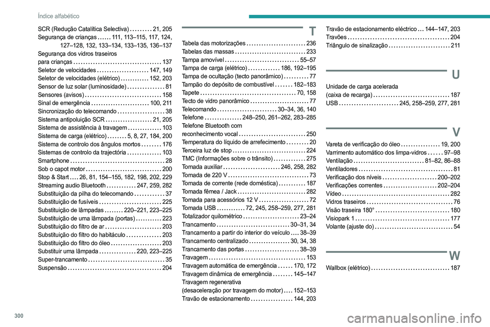 PEUGEOT EXPERT 2023 Manual de utilização (in Portuguese) 300
Índice alfabético
SCR (Redução Catalítica Selectiva) 21, 205
Segurança de crianças
111, 113–115, 117, 124,
127–128, 132, 133–134, 133–135, 136–137
Segurança dos vidros tr PEUGEOT EXPERT 2023 Manual de utilização (in Portuguese) 300
Índice alfabético
SCR (Redução Catalítica Selectiva) 21, 205
Segurança de crianças
111, 113–115, 117, 124,
127–128, 132, 133–134, 133–135, 136–137
Segurança dos vidros tr