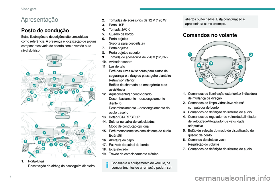 PEUGEOT EXPERT 2023 Manual de utilização (in Portuguese) 4
Visão geral
Apresentação
Posto de condução
Estas ilustrações e descrições são concebidas
como referência. A presença e localização de alguns
componentes varia de acordo com a versão PEUGEOT EXPERT 2023 Manual de utilização (in Portuguese) 4
Visão geral
Apresentação
Posto de condução
Estas ilustrações e descrições são concebidas
como referência. A presença e localização de alguns
componentes varia de acordo com a versão