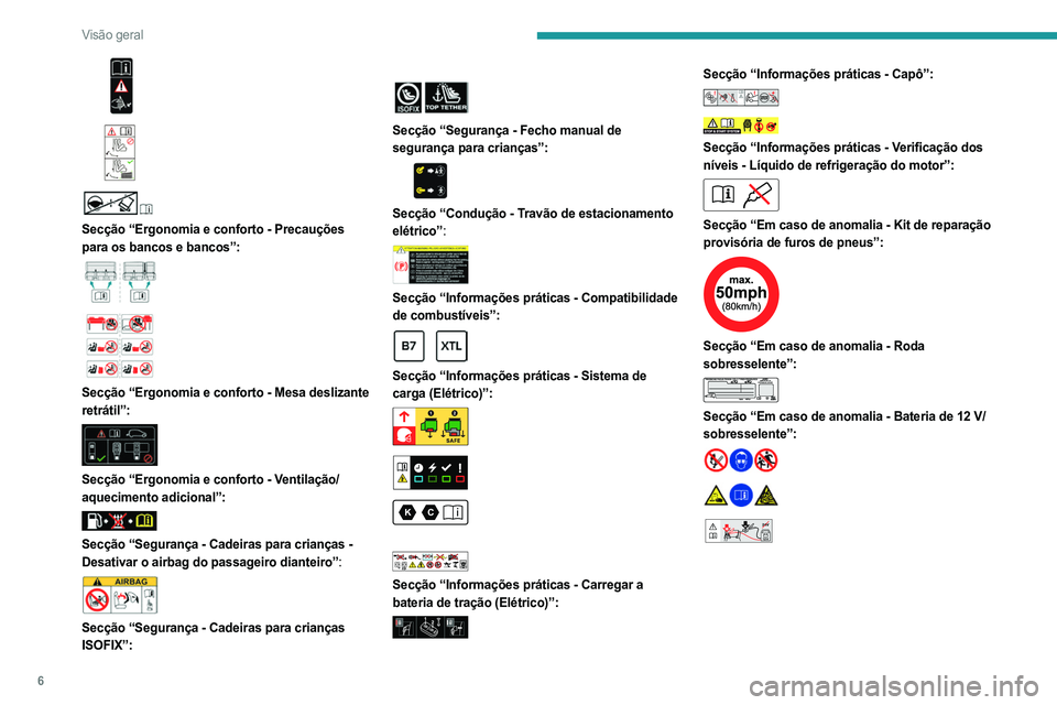 PEUGEOT EXPERT 2023 Manual de utilização (in Portuguese) 6
Visão geral
Secção “Ergonomia e conforto - Precauções
para os bancos e bancos”:
Secção “Ergonomia e conforto - Mesa deslizante
retrátil”:
Secção “Ergonomi PEUGEOT EXPERT 2023 Manual de utilização (in Portuguese) 6
Visão geral
Secção “Ergonomia e conforto - Precauções
para os bancos e bancos”:
Secção “Ergonomia e conforto - Mesa deslizante
retrátil”:
Secção “Ergonomi