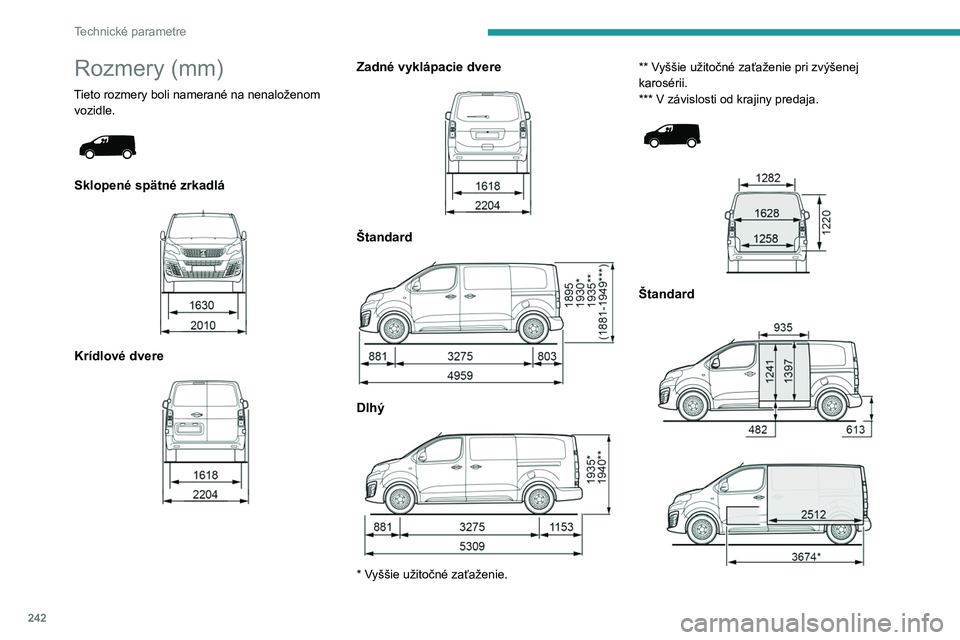 PEUGEOT EXPERT 2023  Návod na použitie (in Slovakian) 242
Technické parametre
Rozmery (mm)
Tieto rozmery boli namerané na nenaloženom vozidle.
 
 
Sklopené spätné zrkadlá 
 
Krídlové dvere 
 
Zadné vyklápacie dvere 
 
Štandard  
 
Dlhý 
 
* 