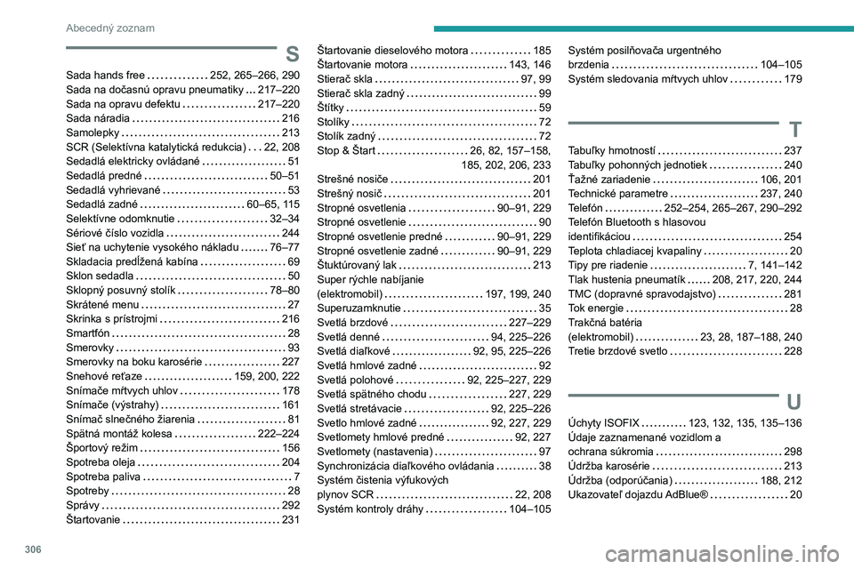 PEUGEOT EXPERT 2023  Návod na použitie (in Slovakian) 306
Abecedný zoznam
S
Sada hands free     252, 265–266, 290
Sada na dočasnú opravu pneumatiky     
217–220
Sada na opravu defektu
    
217–220
Sada náradia
    
216
Samolepky
    
213
SCR (S