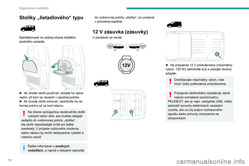 PEUGEOT EXPERT 2023  Návod na použitie (in Slovakian) 72
Ergonómia a komfort
Stolíky „lietadlového“ typu 
 
Nainštalované na zadnej strane každého 
predného sedadla.
 
 
► Ak chcete stolík používať, sklopte ho úplne 
nadol, až kým sa
