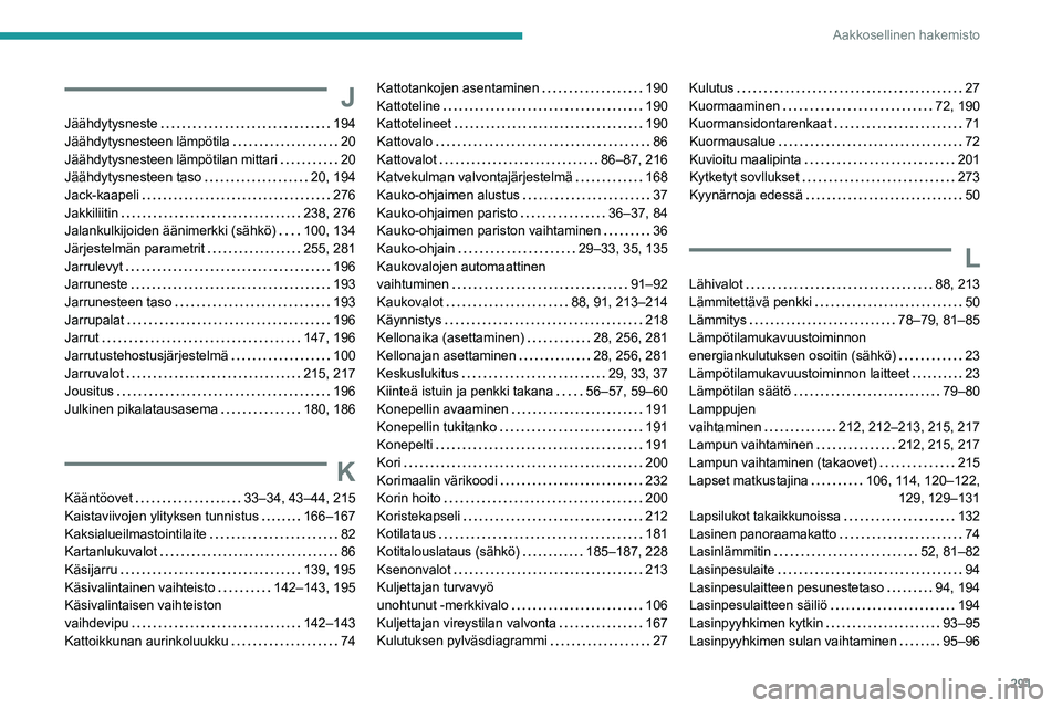 PEUGEOT EXPERT 2023 Omistajan Käsikirja (in Finnish) 291
Aakkosellinen hakemisto
J
Jäähdytysneste 194
Jäähdytysnesteen lämpötila
20
Jäähdytysnesteen lämpötilan mittari
20
Jäähdytysnesteen taso
20, 194
Jack-kaapeli
276 PEUGEOT EXPERT 2023 Omistajan Käsikirja (in Finnish) 291
Aakkosellinen hakemisto
J
Jäähdytysneste 194
Jäähdytysnesteen lämpötila
20
Jäähdytysnesteen lämpötilan mittari
20
Jäähdytysnesteen taso
20, 194
Jack-kaapeli
276