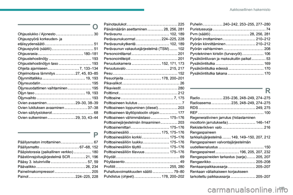 PEUGEOT EXPERT 2023 Omistajan Käsikirja (in Finnish) 293
Aakkosellinen hakemisto
O
Ohjauslukko / Ajonesto 30
Ohjauspyörä korkeuden- ja
etäisyydensäätö
51
Ohjauspyörä (säätö)
51
Ohjausrasia
180–181
Ohjaustehostinöljy
PEUGEOT EXPERT 2023 Omistajan Käsikirja (in Finnish) 293
Aakkosellinen hakemisto
O
Ohjauslukko / Ajonesto 30
Ohjauspyörä korkeuden- ja
etäisyydensäätö
51
Ohjauspyörä (säätö)
51
Ohjausrasia
180–181
Ohjaustehostinöljy