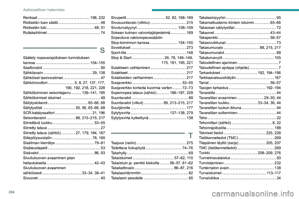 PEUGEOT EXPERT 2023 Omistajan Käsikirja (in Finnish) 294
Aakkosellinen hakemisto
Renkaat 196, 232
Ristiselän tuen säätö
48
Ristiselän tuki
48, 51
Rullakaihtimet
74
S
Säätely nopeusrajoituksen tunnistuksen
kanssa
154–155
PEUGEOT EXPERT 2023 Omistajan Käsikirja (in Finnish) 294
Aakkosellinen hakemisto
Renkaat 196, 232
Ristiselän tuen säätö
48
Ristiselän tuki
48, 51
Rullakaihtimet
74
S
Säätely nopeusrajoituksen tunnistuksen
kanssa
154–155