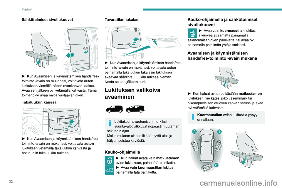 PEUGEOT EXPERT 2023  Omistajan Käsikirja (in Finnish) 32
Pääsy
Sähkötoimiset sivuliukuovet
 
 
►  Kun Avaamisen  ja   käynnistämisen   handsfree-
toiminto -avain on mukanasi, voit avata auton 
lukituksen viemällä käden ovenkahvan taa