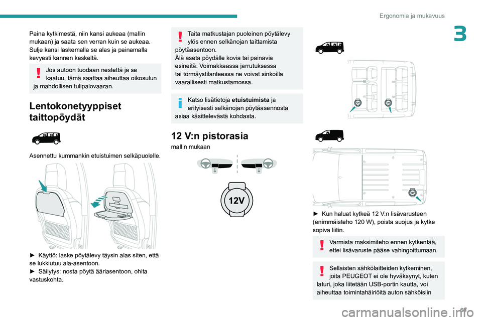PEUGEOT EXPERT 2023 Omistajan Käsikirja (in Finnish) 69
Ergonomia ja mukavuus
3Paina kytkimestä, niin kansi aukeaa (mallin
mukaan) ja saata sen verran kuin se aukeaa.
Sulje kansi laskemalla se alas ja painamalla
kevyesti kannen keskeltä.
Jos autoon PEUGEOT EXPERT 2023 Omistajan Käsikirja (in Finnish) 69
Ergonomia ja mukavuus
3Paina kytkimestä, niin kansi aukeaa (mallin
mukaan) ja saata sen verran kuin se aukeaa.
Sulje kansi laskemalla se alas ja painamalla
kevyesti kannen keskeltä.
Jos autoon