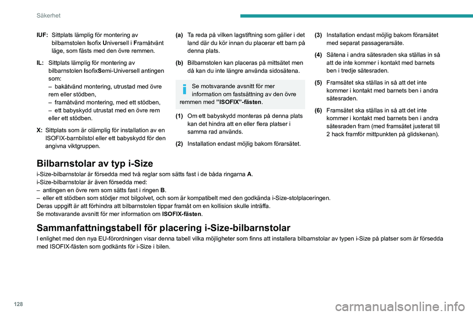 PEUGEOT EXPERT 2023 Bruksanvisningar (in Swedish) 128
Säkerhet
IUF:Sittplats lämplig för montering av
bilbarnstolen Isofix Universell i Framåtvänt
läge, som fästs med den övre remmen.
IL: Sittplats lämplig för montering av
bilbarnstole PEUGEOT EXPERT 2023 Bruksanvisningar (in Swedish) 128
Säkerhet
IUF:Sittplats lämplig för montering av
bilbarnstolen Isofix Universell i Framåtvänt
läge, som fästs med den övre remmen.
IL: Sittplats lämplig för montering av
bilbarnstole