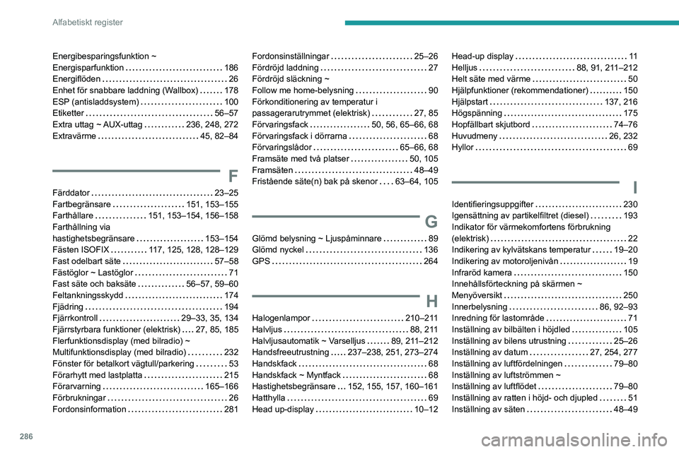 PEUGEOT EXPERT 2023 Bruksanvisningar (in Swedish) 286
Alfabetiskt register
Energibesparingsfunktion ~
Energisparfunktion
186
Energiflöden
26
Enhet för snabbare laddning (Wallbox)
178
ESP (antisladdsystem)
100
Etiketter
56 PEUGEOT EXPERT 2023 Bruksanvisningar (in Swedish) 286
Alfabetiskt register
Energibesparingsfunktion ~
Energisparfunktion
186
Energiflöden
26
Enhet för snabbare laddning (Wallbox)
178
ESP (antisladdsystem)
100
Etiketter
56