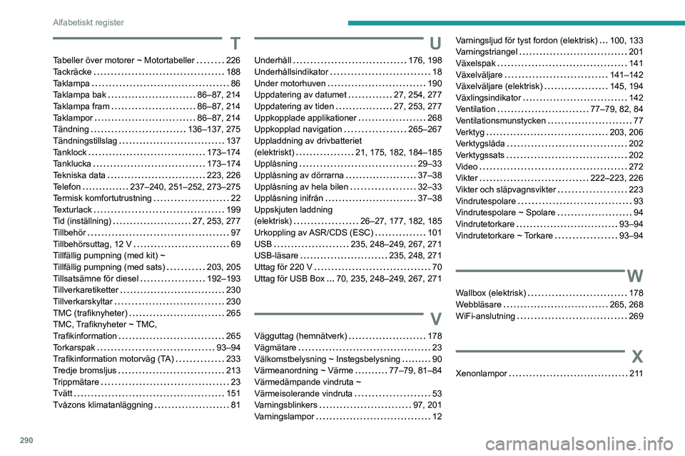 PEUGEOT EXPERT 2023  Bruksanvisningar (in Swedish) 290
Alfabetiskt register
T
Tabeller över motorer ~ Motortabeller     226
Tackräcke     
188
Taklampa
    
86
Taklampa bak
    
86–87, 214
Taklampa fram
    
86–87, 214
Taklampor
    
86–87, 21